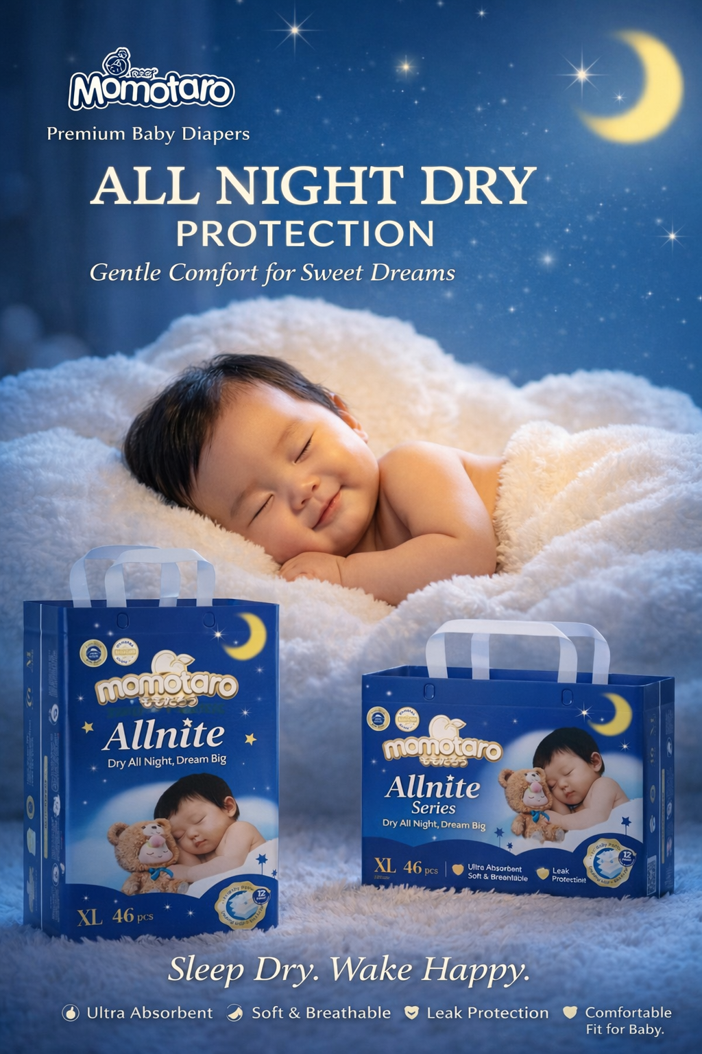 Tã giấy trẻ em Momotaro Allnite Series để bảo vệ khô ráo suốt đêm